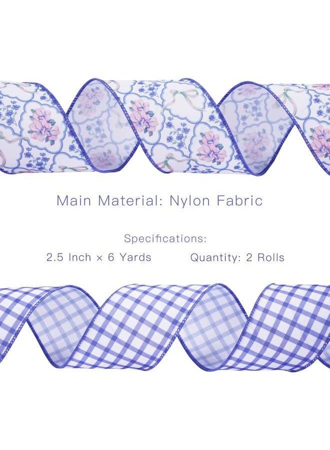 LaRibbons Floral Ribbon Wired 2.5 Inch x 6 Yards, 2 Rolls Purple Flower & Gingham Ribbon Set for Spring Wreaths, Gift Wrapping, Bow Making, Home Decor - Image 5