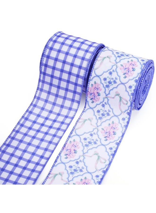 LaRibbons Floral Ribbon Wired 2.5 Inch x 6 Yards, 2 Rolls Purple Flower & Gingham Ribbon Set for Spring Wreaths, Gift Wrapping, Bow Making, Home Decor - Image 1