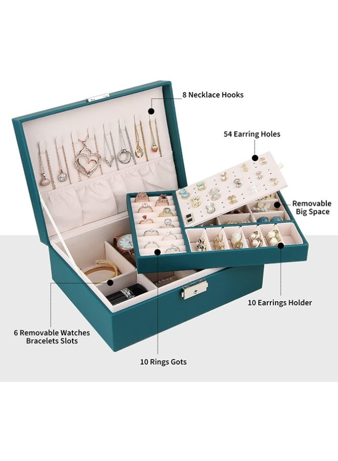 بلومنغ تايم صندوق مجوهرات من جلد البولي يوريثان ، صندوق تخزين ، حقيبة تخزين عالية السعة للخواتم والأقراط والقلائد والأساور والساعات ، طبقة مزدوجة مع قفل - Image 4