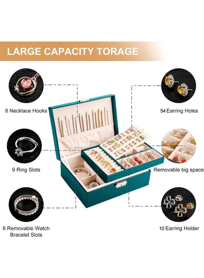 بلومنغ تايم صندوق مجوهرات من جلد البولي يوريثان ، صندوق تخزين ، حقيبة تخزين عالية السعة للخواتم والأقراط والقلائد والأساور والساعات ، طبقة مزدوجة مع قفل - Image 5