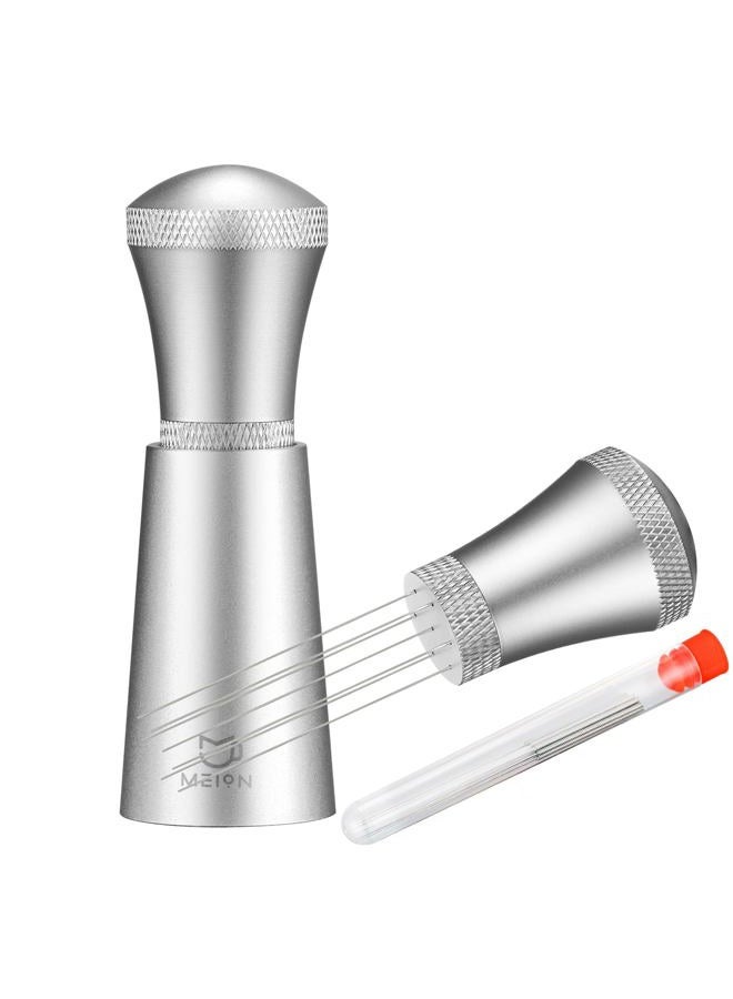 MEION WDT Espresso Distribution Tool Espresso Stirrer Tools for Barista, 0.35mm 7 Needles Espresso Coffee Stirrer with Extra 7 Replaceable Needles, Aluminum Alloy Handle with Stand (Silver) - Image 1