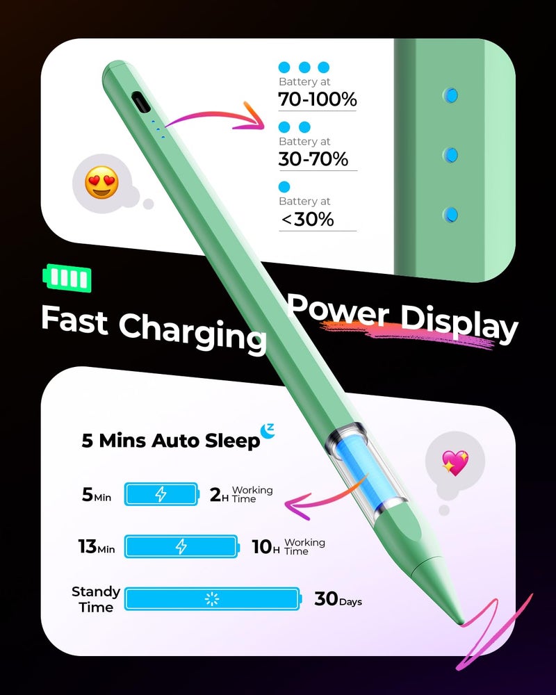 JAMJAKE قلم لمسة لجهاز آبل آيباد شحن أسرع 5X، قلم لجهاز آبل آيباد متوافق مع آيباد 6-11 الجيل، آيباد إير 3-5/M2/M3، آيباد ميني 5/6، آيباد برو 11"/12.9"/M4، تشغيل/إيقاف بالضغط المزدوج - أخضر - Image 5