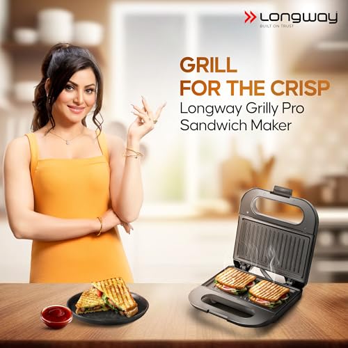 Longway Grilly Pro 850W Grill Sandwich Maker & Toaster | Non-stick Coating Fixed Cast Plates | Power Indicators | Auto Cut Off | Grills Sandwiches, Bread & Kebabs | 2 Year Warranty (Metallic Silver) - Image 2