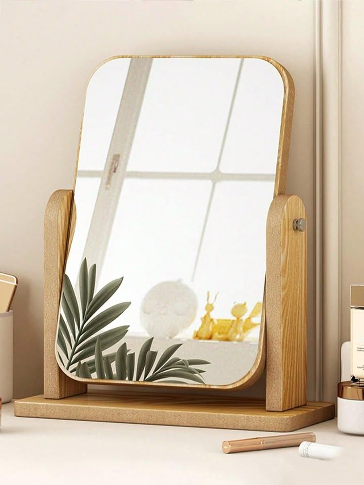 Glitzn Portable Wooden Tabletop Mirror – Adjustable Frame for Dorm & Travel Natural Wood Desk Mirror – Minimalist Vanity Mirror - Image 1