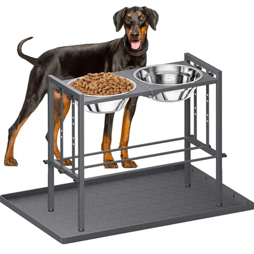 Pawtners Elevated Dog Bowls - Metal Raised Dog Bowls for Large Breed with 3 Adjustable Heights, Perfect Sturdy Bowl Stands for Extra Large Sized Dogs, Grey with Feeding Mat - Image 1