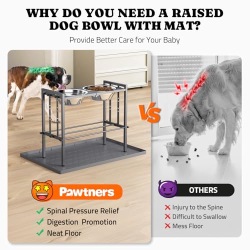 Pawtners Elevated Dog Bowls - Metal Raised Dog Bowls for Large Breed with 3 Adjustable Heights, Perfect Sturdy Bowl Stands for Extra Large Sized Dogs, Grey with Feeding Mat - Image 3
