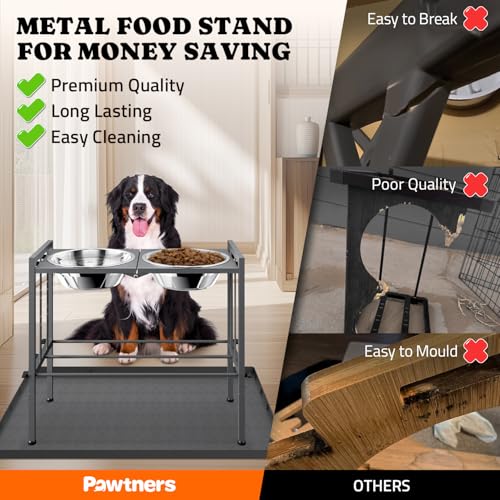 Pawtners Elevated Dog Bowls - Metal Raised Dog Bowls for Large Breed with 3 Adjustable Heights, Perfect Sturdy Bowl Stands for Extra Large Sized Dogs, Grey with Feeding Mat - Image 4