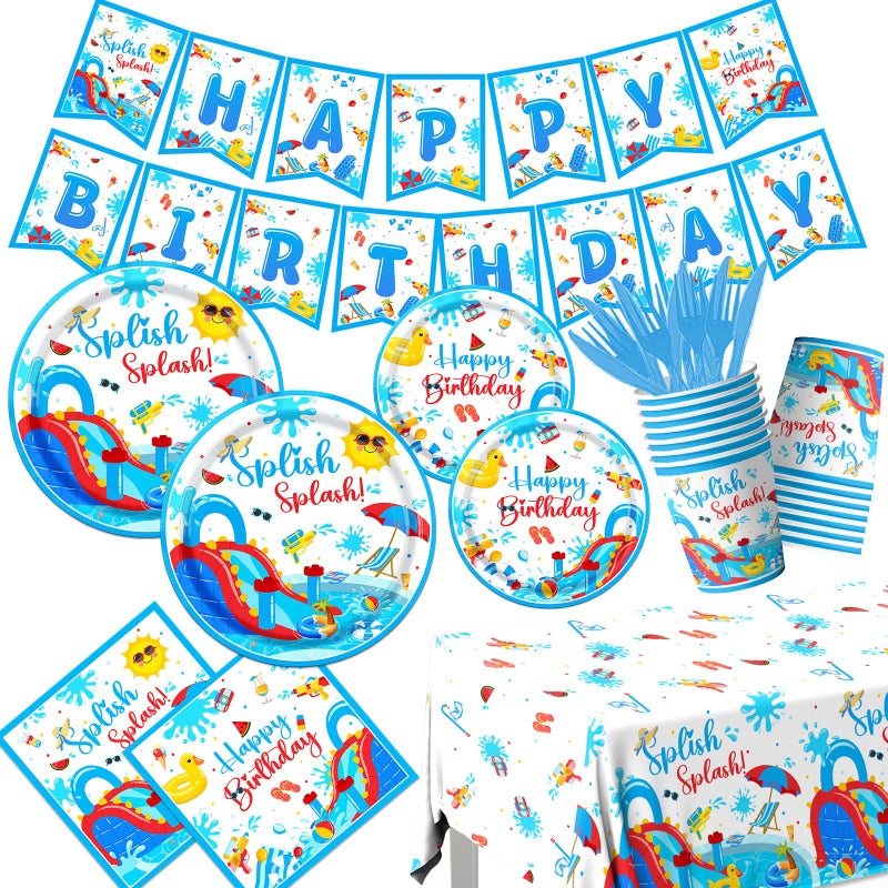 TEMYAXU Splish Splash Birthday Decorations Tableware 142 Pcs Summer Birthday Party Decorations includes Water Slide Party Decorations Plates and Napkins for Waterslide Party Decorations Pool Birthday Party - Image 3