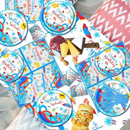 TEMYAXU Splish Splash Birthday Decorations Tableware 142 Pcs Summer Birthday Party Decorations includes Water Slide Party Decorations Plates and Napkins for Waterslide Party Decorations Pool Birthday Party - Image 5