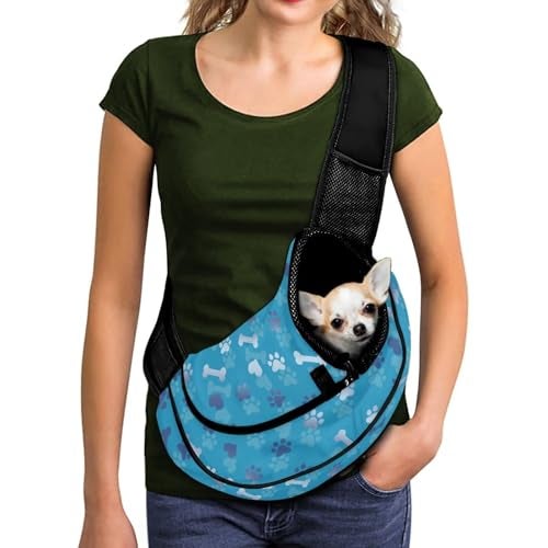 COEQINE Dog Sling Carrier for Small Dogs Blue Paw Print Small Dogs Crossbody Purse with Zipper Front NonFalling Locking Safety Zipper Breatheable Mesh Bag for uppy Pet Cats - Image 1
