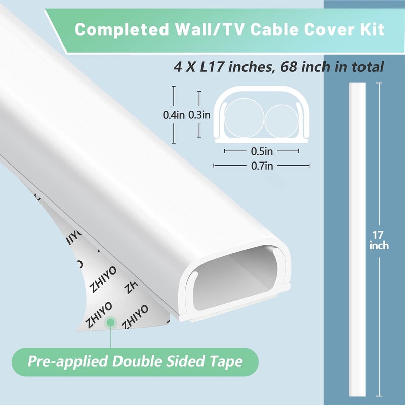 ZhiYo Wire Covers for 2 Cords, 68in Wire Hider on Wall Mounted, Beige Cord Cover Kit, Cable Cover Paintable, Cable Concealer for Extension Cord, Ethernet Cable, Speaker Wire Hider, 4X L17in W0.7in H0.4in - Image 5