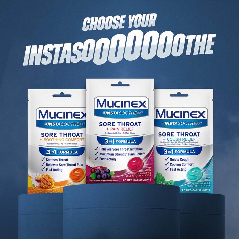 Mucinex Instasoothe Sore Throat Relief, Sore Throat Lozenges, Sore Throat Medicine with Hexylresorcinol, Cough Drops Alternative, 40 Elderberry & Wild Cherry Medicated Numbing Throat Drops - Image 5