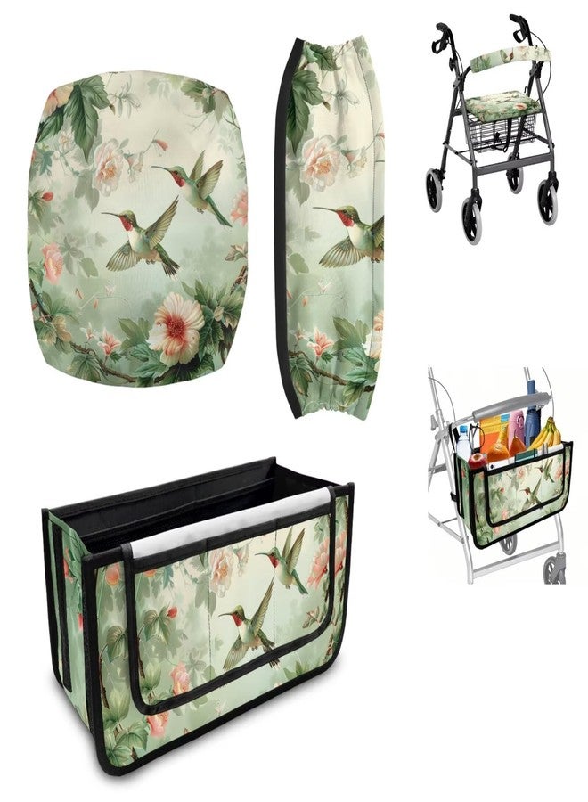 Luarisgur Rollator Walker Accessories Seat Cover and Backrest Covers and Walker Bag Pack of 3, Hummingbird Green Rollator Walker Seat and Backrest Covers Walker Basket with Multiple Pockets - Image 1