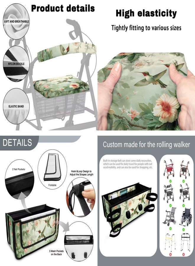 Luarisgur Rollator Walker Accessories Seat Cover and Backrest Covers and Walker Bag Pack of 3, Hummingbird Green Rollator Walker Seat and Backrest Covers Walker Basket with Multiple Pockets - Image 3