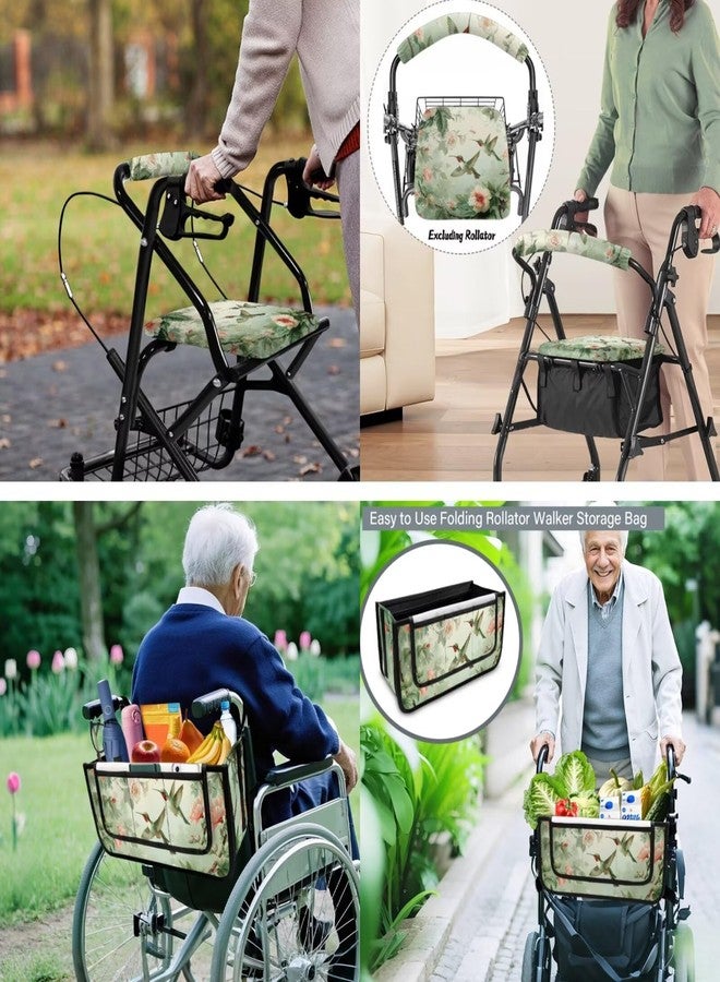 Luarisgur Rollator Walker Accessories Seat Cover and Backrest Covers and Walker Bag Pack of 3, Hummingbird Green Rollator Walker Seat and Backrest Covers Walker Basket with Multiple Pockets - Image 2