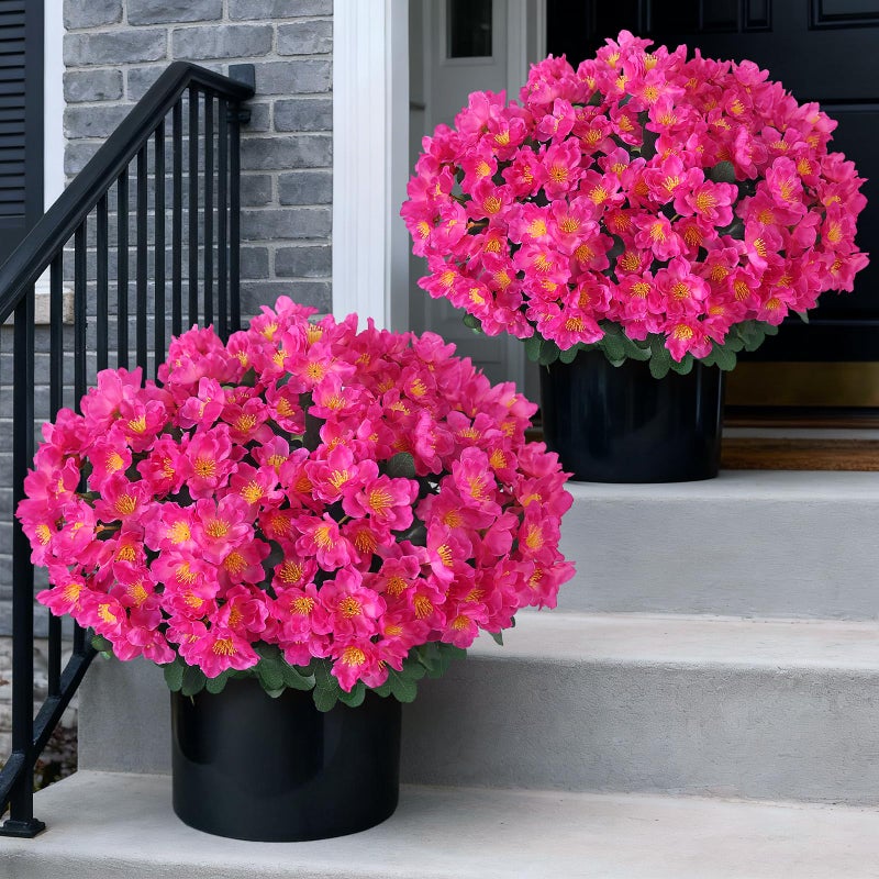 Juxdp 2 Sets of Artificial Camellia Topiary Ball Trees - Fake Flower Potted Plants, UV Resistant Faux Camellia Potted Bushes for Front Door, Farmhouse, Porch, Garden, Outdoor Decoration (Rose Red) - Image 1