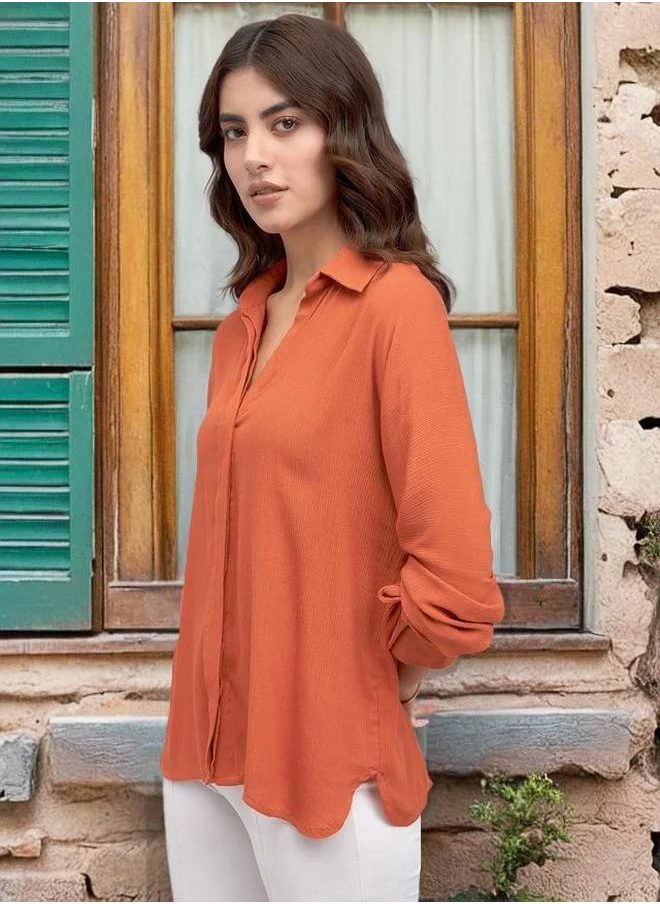 دينيس لينغو Rust Shirt for Women - Viscose Crepe, Relaxed Fit