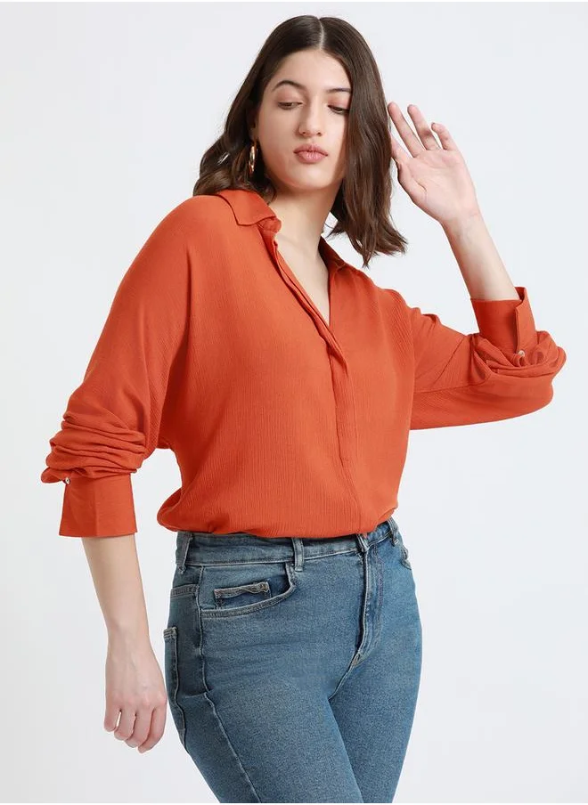 دينيس لينغو Rust Shirt for Women - Viscose Crepe, Relaxed Fit