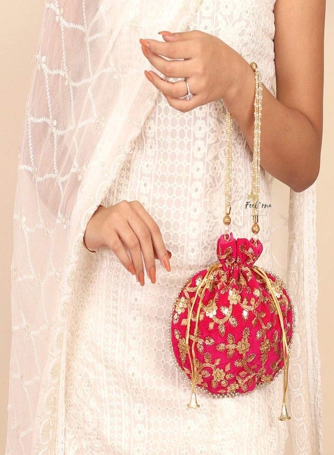 FeelOrna handicrafts and jewellery Wristlets Ethnic Potli For Women's | Designer Rajasthani Style Royal Clutch Silk Batwa Bag | Zari Work Potli | Potli for Gifting Rakhi Anniversary (Pink (Velvet) 2) - Image 2