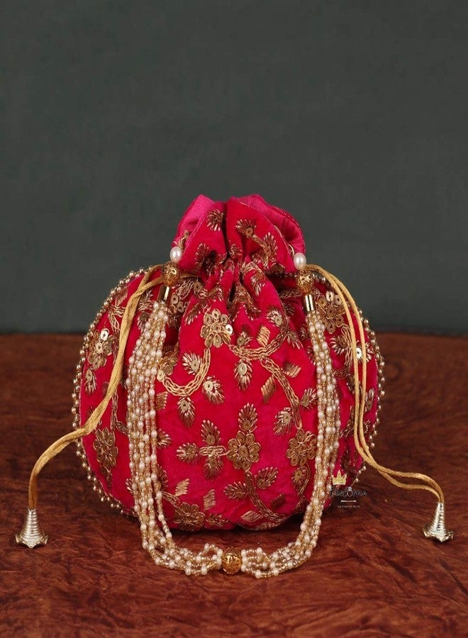 FeelOrna handicrafts and jewellery Wristlets Ethnic Potli For Women's | Designer Rajasthani Style Royal Clutch Silk Batwa Bag | Zari Work Potli | Potli for Gifting Rakhi Anniversary (Pink (Velvet) 2) - Image 3