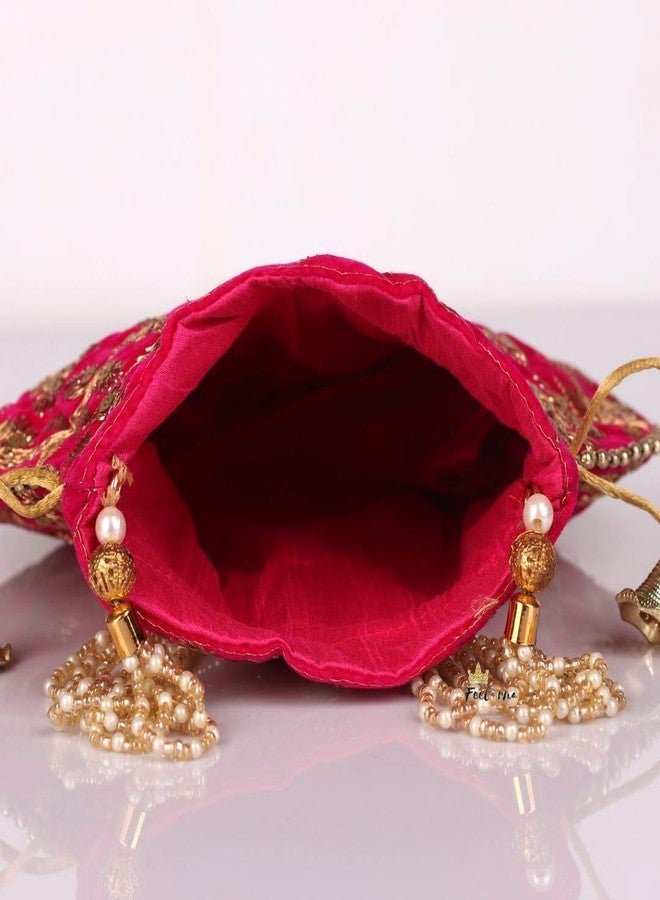 FeelOrna handicrafts and jewellery Wristlets Ethnic Potli For Women's | Designer Rajasthani Style Royal Clutch Silk Batwa Bag | Zari Work Potli | Potli for Gifting Rakhi Anniversary (Pink (Velvet) 2) - Image 4