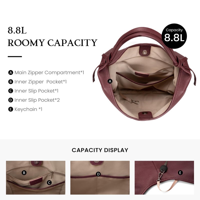 befen Genuine Leather Slouchy Hobo Purses for Women, Casual Hobo Bags Real Top Grain Leather Tote Handbags Women's Burgundy Shoulder Satchel for Shopping, Outing, Travel - Image 4