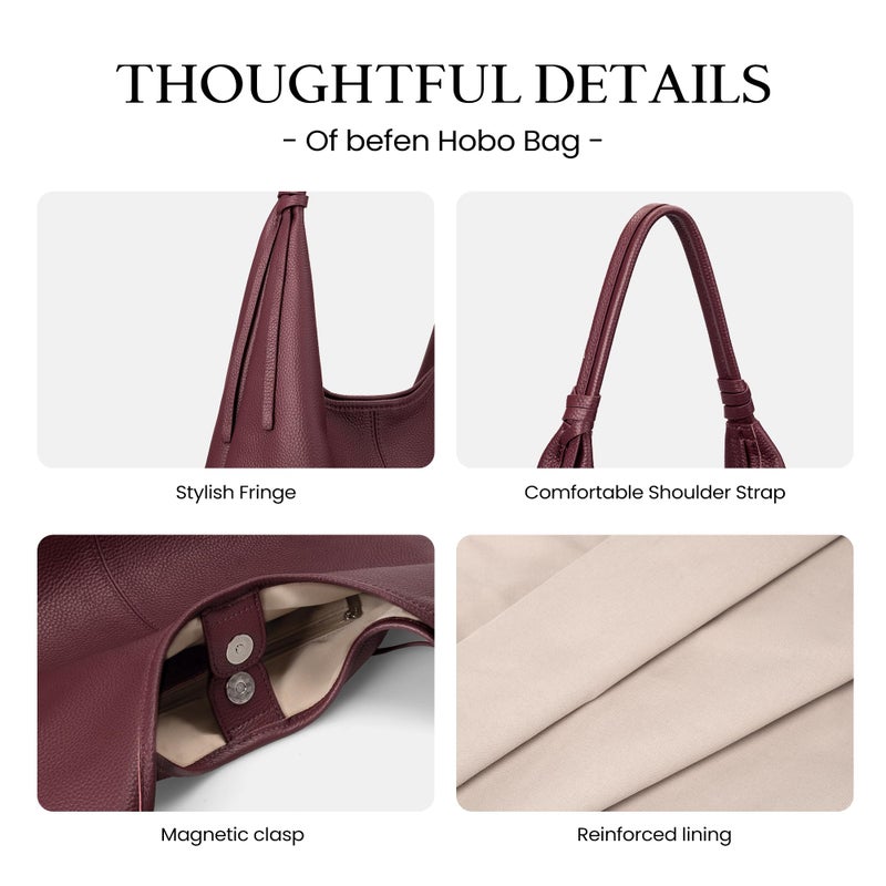 befen Genuine Leather Slouchy Hobo Purses for Women, Casual Hobo Bags Real Top Grain Leather Tote Handbags Women's Burgundy Shoulder Satchel for Shopping, Outing, Travel - Image 5