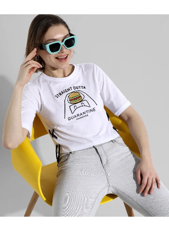 Campus Sutra Women's White Printed Regular Fit Top