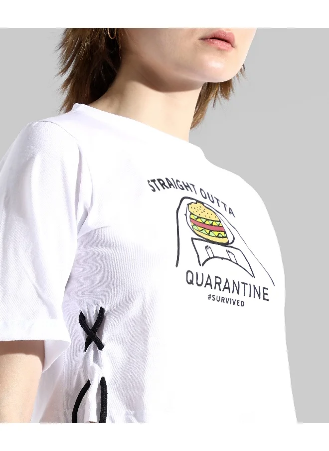 Campus Sutra Women's White Printed Regular Fit Top