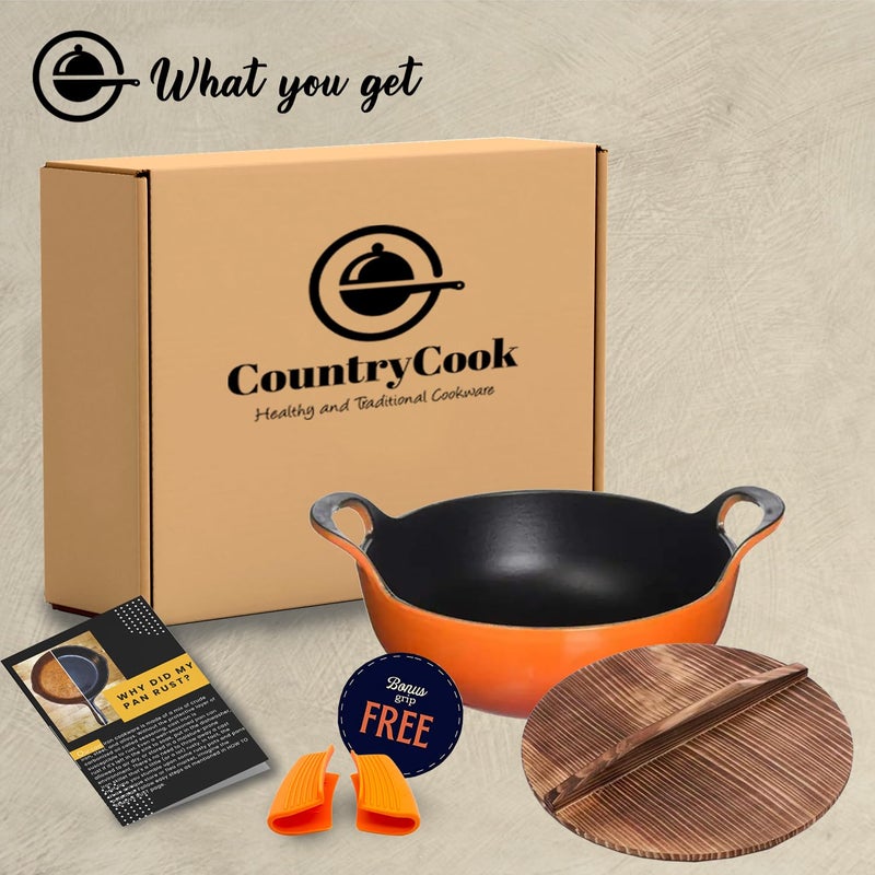 CountryCook مقلاة حديد زهر بطبقة مينا 24 سم مع غطاء خشبي مناسبة للطبخ على الحث الكهربائي، أدوات طهي ثقيلة الوزن - Image 2
