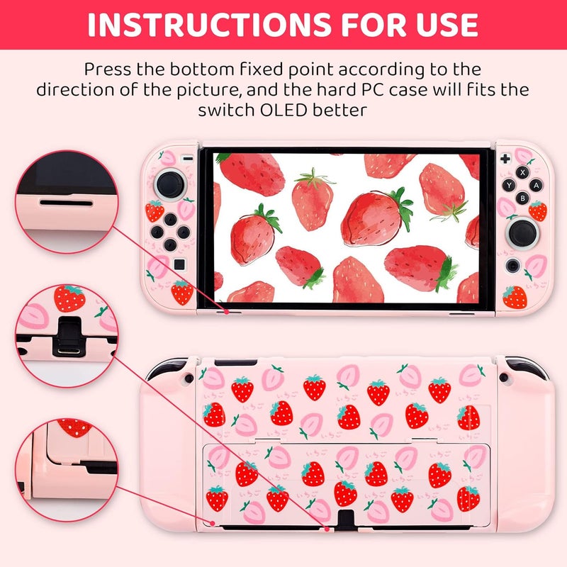GLDRAM 6 in 1 Carrying Case Kit for Nintendo Switch OLED Case, Cute Travelling Case with Hard PC Pink Cover, Glass Screen Protector, Thumb Grip Caps, Shoulder Strap for Girls - Pink Strawberry - Image 4