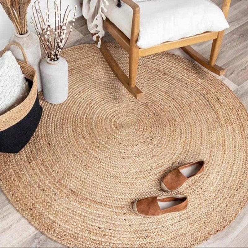 KEMA Jute Braided Area Rug, 5 feet Round, Stain Resistance Natural Handmade Circle Boho Area Rug for Entryways, Living Room, Bedroom, Farmhouse Vintage Decor, Reversible Jute Rug - Image 1