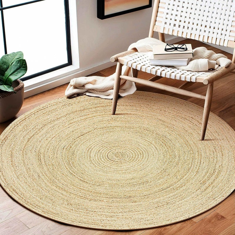 KEMA Jute Braided Area Rug, 5 feet Round, Stain Resistance Natural Handmade Circle Boho Area Rug for Entryways, Living Room, Bedroom, Farmhouse Vintage Decor, Reversible Jute Rug - Image 3