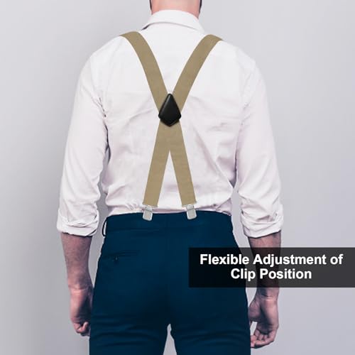 Fasker Mens Suspenders X-Back Wide Adjustable Solid Straight Heavy Duty Clip Suspenders for Men Women, 04 Khaki(2 inch wide) - Image 5