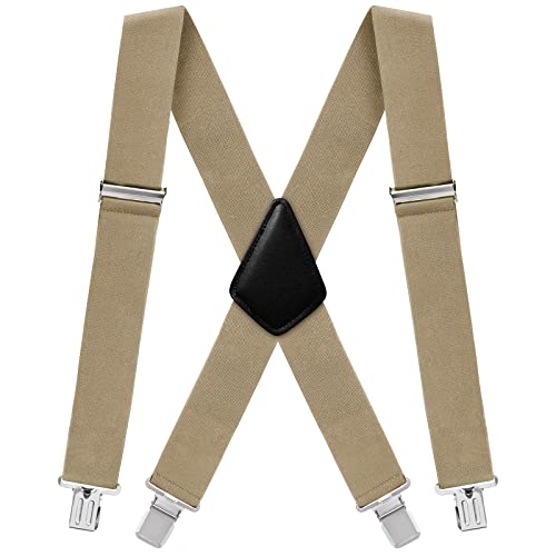 Fasker Mens Suspenders X-Back Wide Adjustable Solid Straight Heavy Duty Clip Suspenders for Men Women, 04 Khaki(2 inch wide) - Image 1