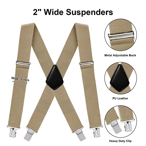 Fasker Mens Suspenders X-Back Wide Adjustable Solid Straight Heavy Duty Clip Suspenders for Men Women, 04 Khaki(2 inch wide) - Image 3