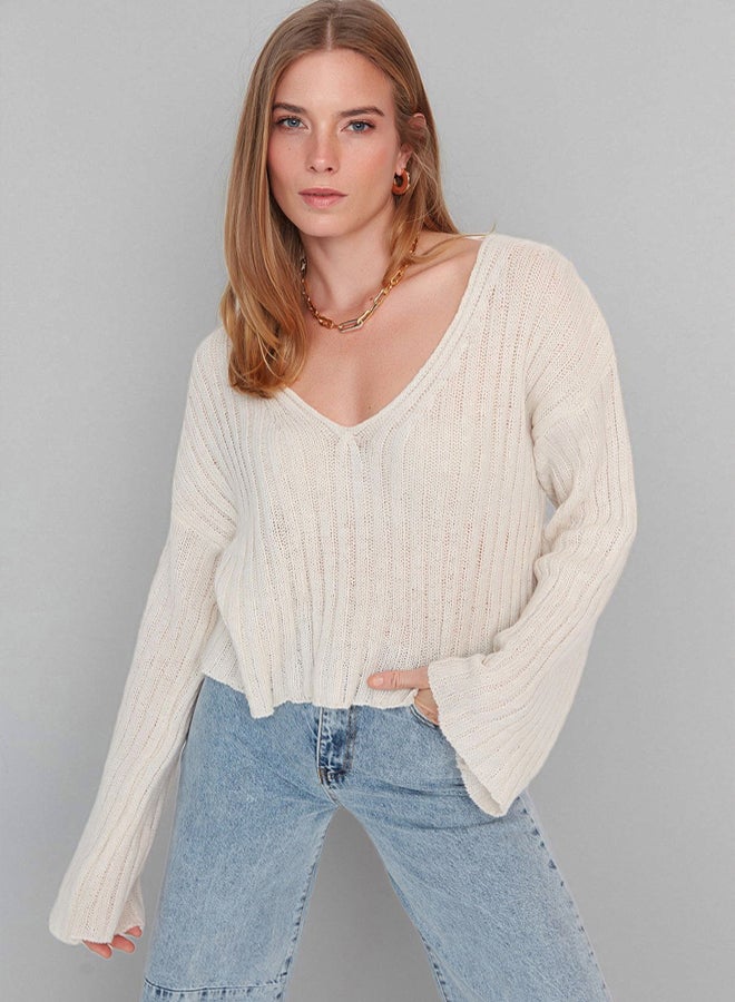 trendyol Stone Mercerized Look Wool Wide Pattern Basic Knitwear Sweater - Image 3