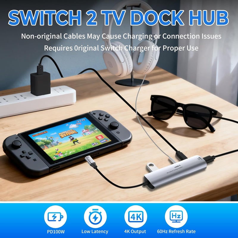 Guermok 5-in-1 USB-C Adapter for AR Glasses, 100W PD, 4K@60Hz, USB/USB-C - Compatible with AR Devices, Portable Monitors, Switch 2/1, Type-C Displays, Studio Display, Laptops, Silver - Image 2