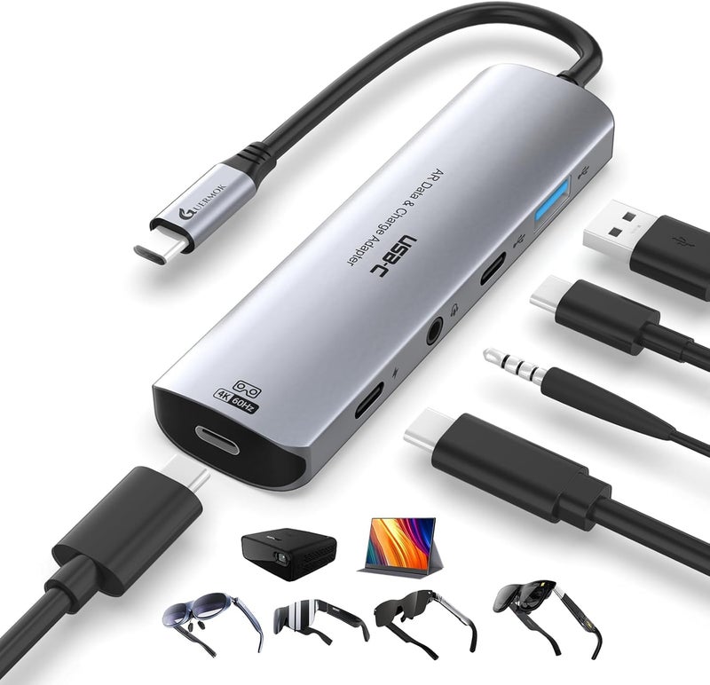 Guermok 5-in-1 USB-C Adapter for AR Glasses, 100W PD, 4K@60Hz, USB/USB-C - Compatible with AR Devices, Portable Monitors, Switch 2/1, Type-C Displays, Studio Display, Laptops, Silver - Image 1