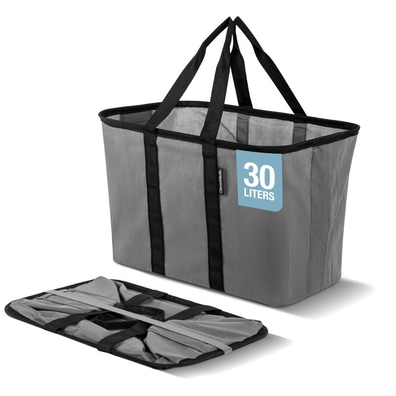 CleverMade EcoBasket 30L Collapsible Tote Basket â€“ Reusable Grocery Tote That Stands Upright, Foldable Shopping Basket for Car Trunk Storage, Heavy Duty Utility Bag, 30 lb Capacity - Gray