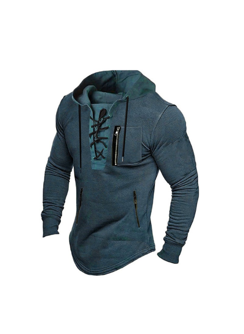 Generic - 2024 Mens Spring And Autumn Hooded Solid Color Zipper Pocket Polo Shirt Sport Streetwear Gold-Stamped Fashion Casual Wear Blue - Image 1