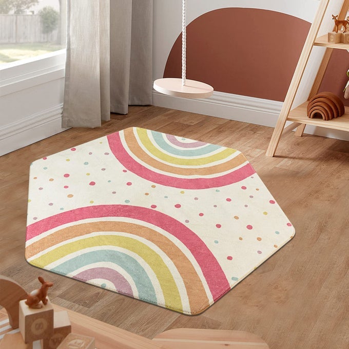 RAINBOW RUG FOR BABY GIRLS BEDROOM 55X47 WASHABLE AREA RUG FOR PRINCESS TENT CASTLE HEXAGON NONSLIP NURSERY RUG ULTRA SOFT PLAY CARPET FOR KIDS ROOM PLAYPEN DORM