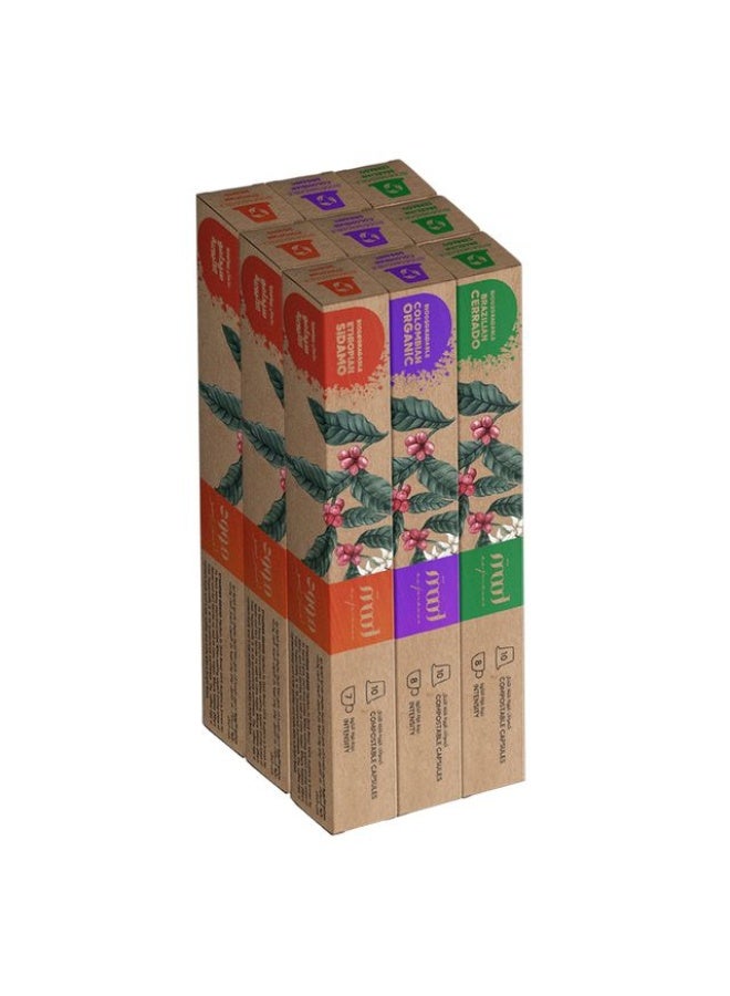 Nespresso Compatible Biodegradable Coffee Capsules (3 Flavors: Colombian Organic, Brazilian Cerrado, Ethiopian Sidamo ), Pack of 9 (90 Capsules)