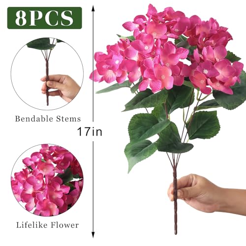 FOTEEWL 8 Bundles Artificial Hydrangea Flowers for Outdoor Decor, Realistic Faux Silk Bouquets Sun-Resistant Fake Plants for Front Door Balcony Farmhouse Garden Home Spring Summer Decor (Rose Red) - Image 5