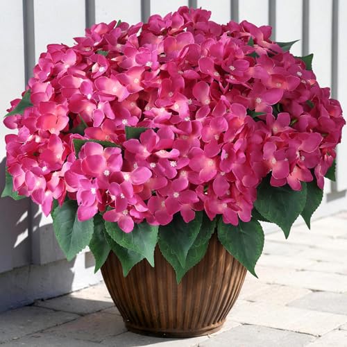 FOTEEWL 8 Bundles Artificial Hydrangea Flowers for Outdoor Decor, Realistic Faux Silk Bouquets Sun-Resistant Fake Plants for Front Door Balcony Farmhouse Garden Home Spring Summer Decor (Rose Red) - Image 1