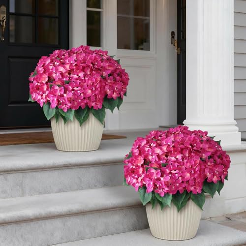 FOTEEWL 8 Bundles Artificial Hydrangea Flowers for Outdoor Decor, Realistic Faux Silk Bouquets Sun-Resistant Fake Plants for Front Door Balcony Farmhouse Garden Home Spring Summer Decor (Rose Red) - Image 2