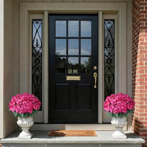 FOTEEWL 8 Bundles Artificial Hydrangea Flowers for Outdoor Decor, Realistic Faux Silk Bouquets Sun-Resistant Fake Plants for Front Door Balcony Farmhouse Garden Home Spring Summer Decor (Rose Red) - Image 3