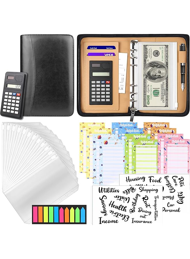 erorex Budget Binder With Zipper Envelopes Cash Envelopes For Budgeting A6 Pu Leather Budget Planner With Cash Envelopes Calculator Bill Money Organizer For Cash Saving Budget System Wallet Black  - Image 1