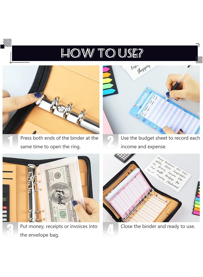 erorex Budget Binder With Zipper Envelopes Cash Envelopes For Budgeting A6 Pu Leather Budget Planner With Cash Envelopes Calculator Bill Money Organizer For Cash Saving Budget System Wallet Black  - Image 5