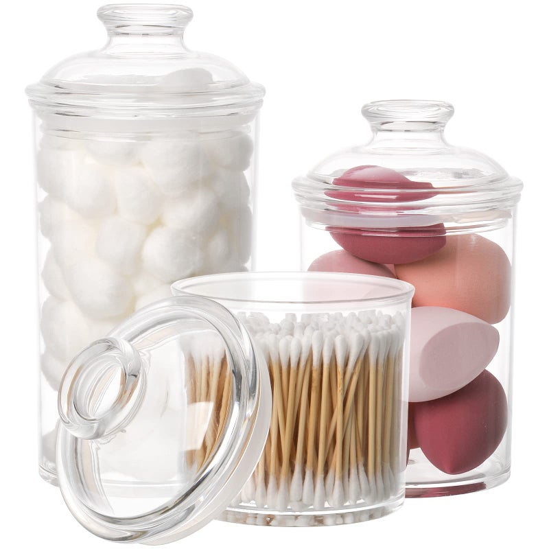 Lyellfe Lyellfe Set of 3 Acrylic Apothecary Jars Vanity Organizer Canister with Airtight Lids BathroomCotton Swab Holder Clear Storage Jar for Candy Bath Salt Cotton Ball 34 oz 25 oz 17 oz 